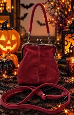 NWOT Vintage Style Red Suede Kiss-Lock Frame Crossbody Bag Clasp Purse